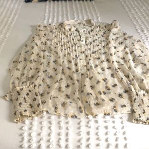 Free People Blouse, romantic, gauzy, off white with blue and gold accents.